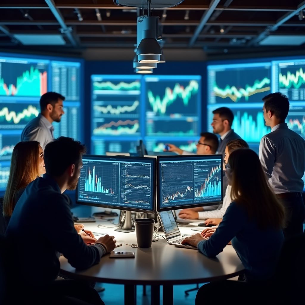 Equipo de analistas financieros trabajando juntos